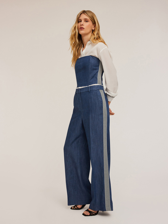 Pantaloni tip palazzo din denim cu benzi laterale