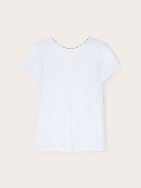 T-shirt with back neckline and stone embroidery