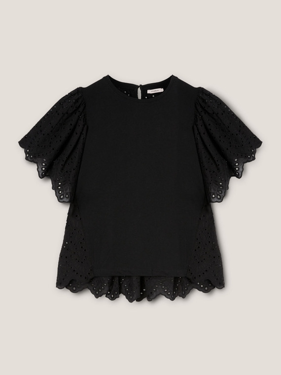 Bi-material T-shirt with broderie anglaise inserts