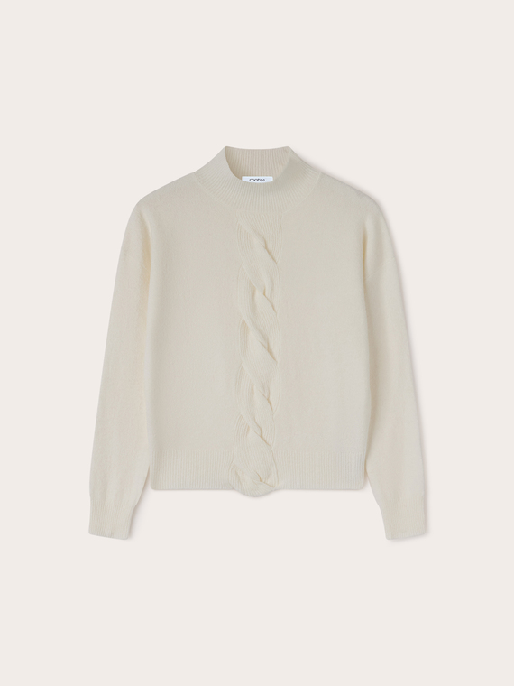Ribbed knit turtleneck with cable knit detail