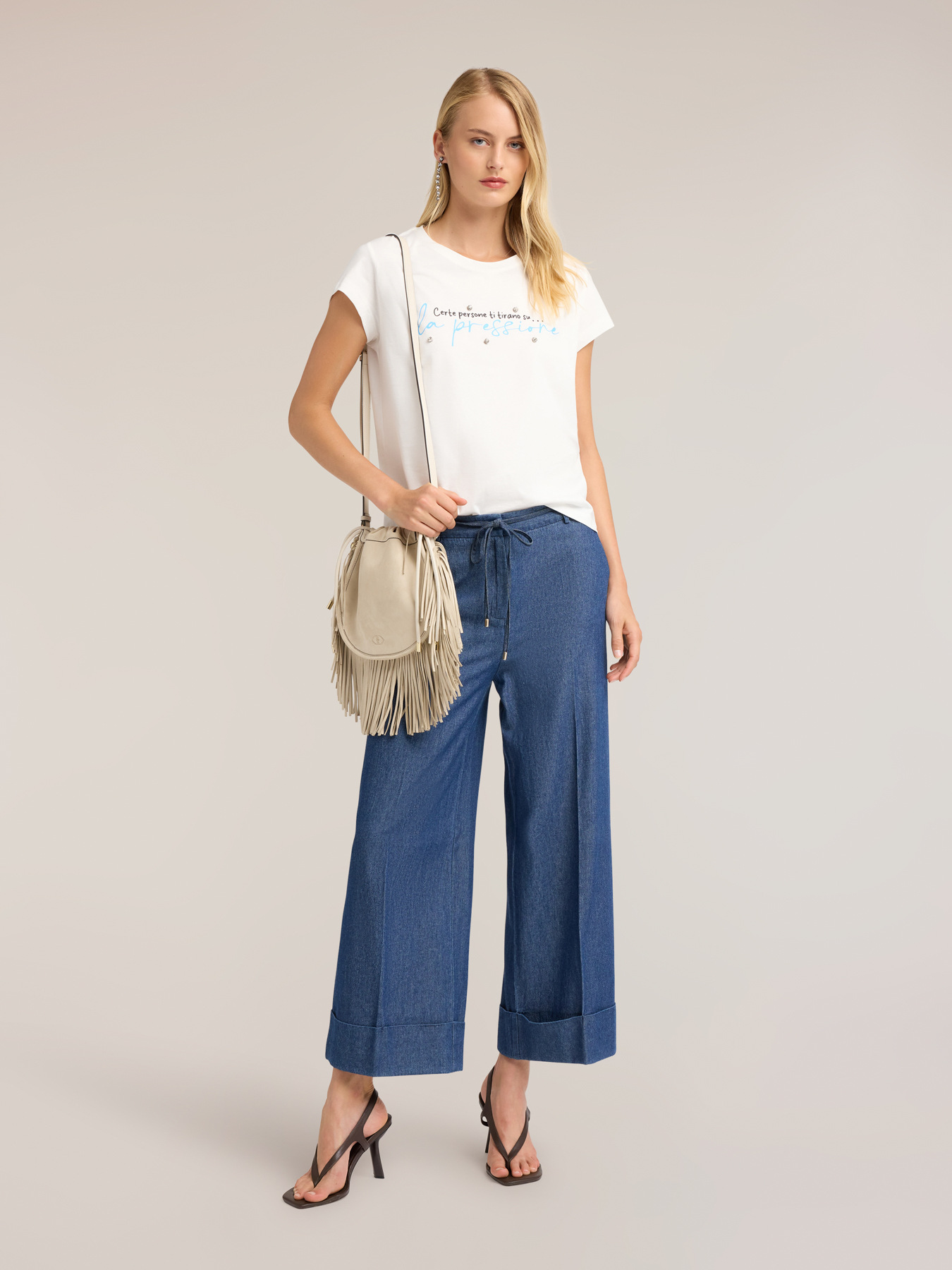 Jeans cropped palazzo con coulisse image number 1