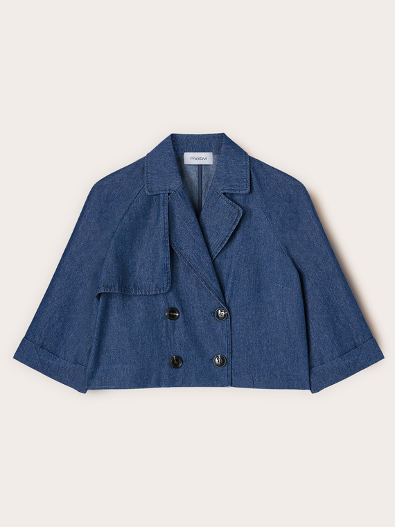 Short double-breasted trench coat in chambray