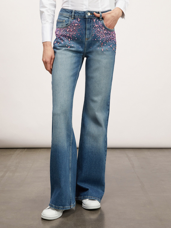 Wide leg jeans with gemstone embroidery