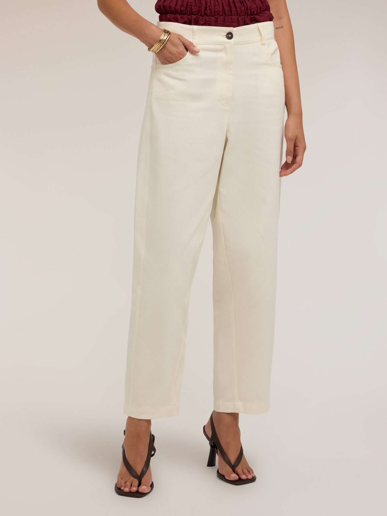 Pantaloni cropped barrel leg in drill di cotone image number 0