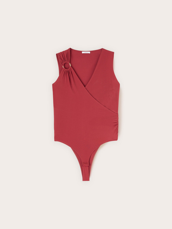 Jersey bodysuit top with draping and metal ring