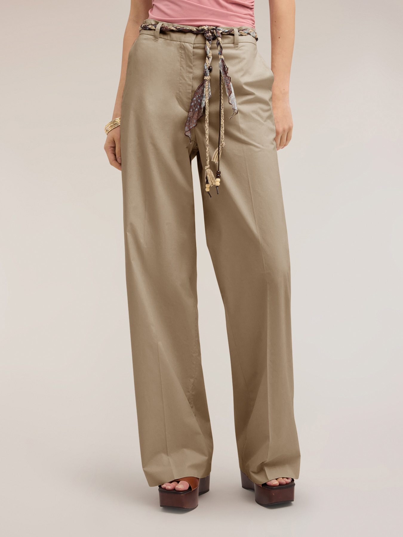 Wide-leg cotton trousers with belt image number 2