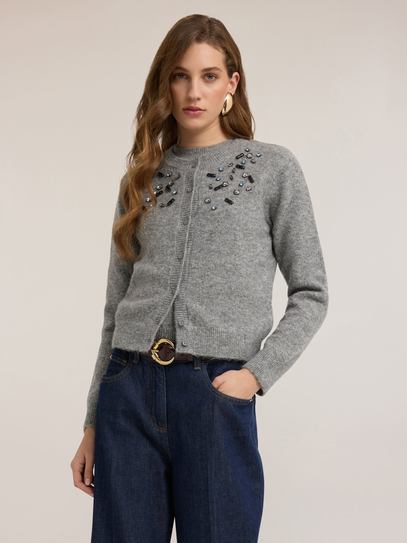 Mixed wool knit cardigan with stone embroidery image number 2