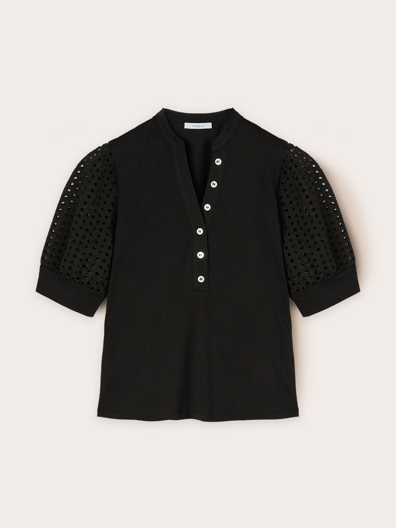 T-shirt with keyhole and broderie anglaise sleeves image number 4