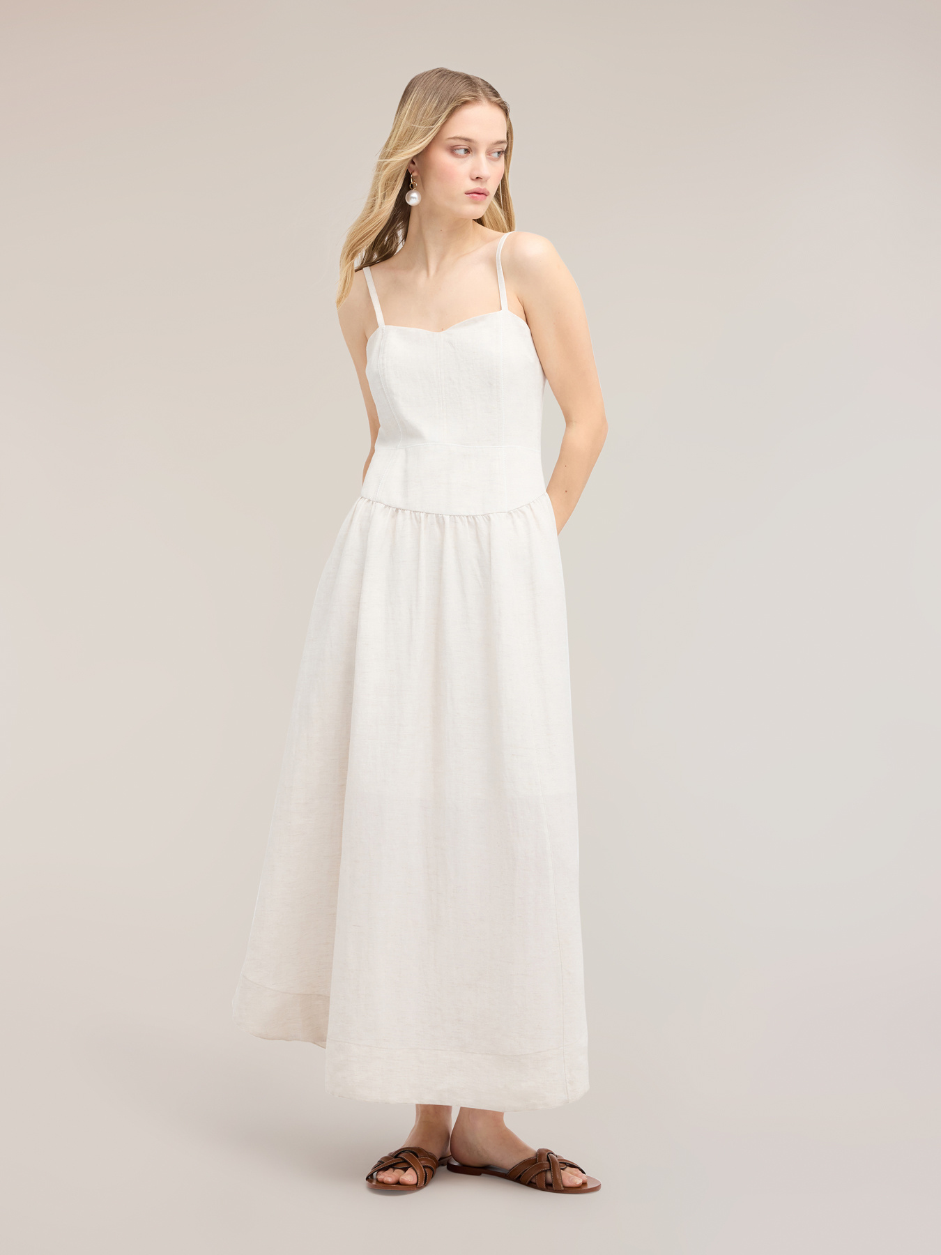 Long flare dress in linen blend image number 2