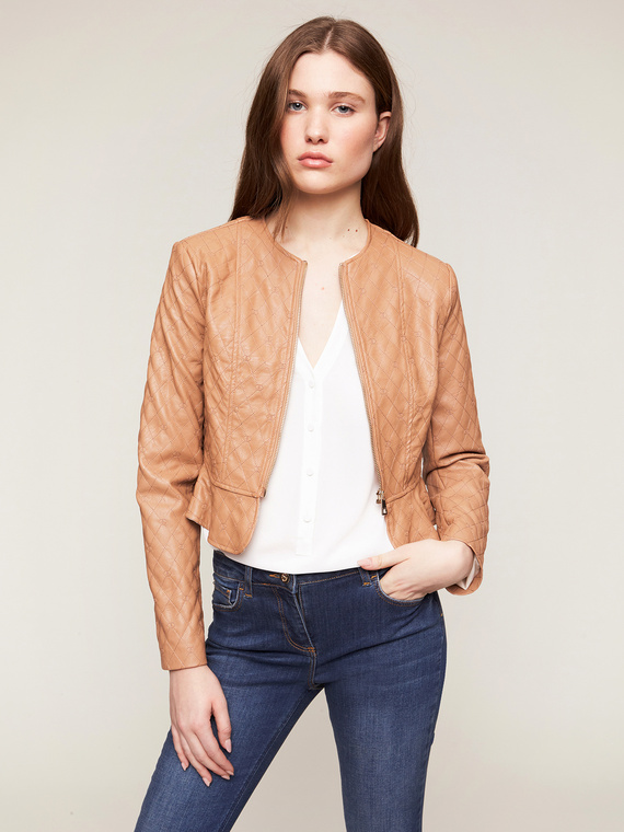 Quilted peplum pattern faux leather jacket