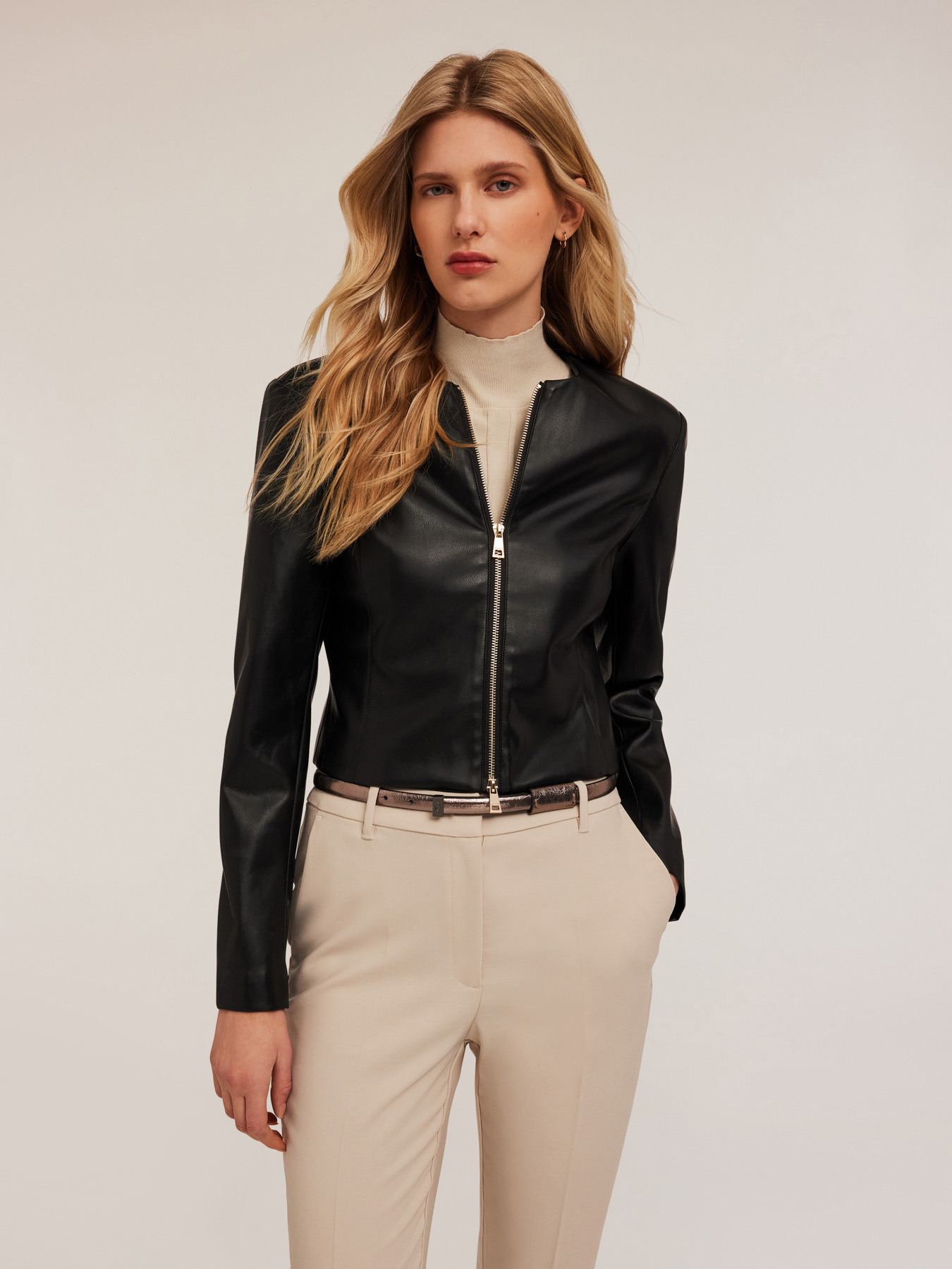 Collarless jacket in coated fabric image number 3