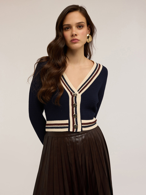 Short knitted cardigan with striped edges