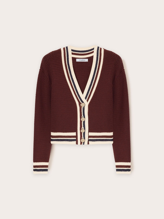 Cardigan court en maille avec bordures ray&eacute;es