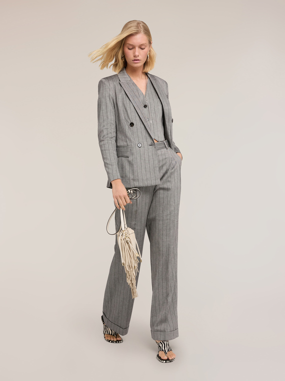 Pantalon palazzo en m&eacute;lange de lin &agrave; rayures