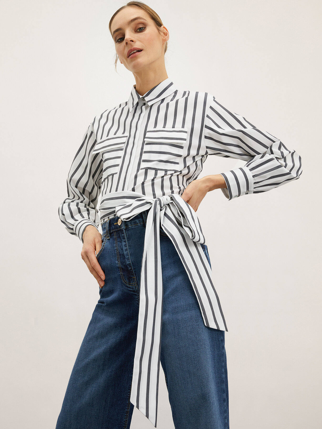 Striped cropped shirt with sash image number 0