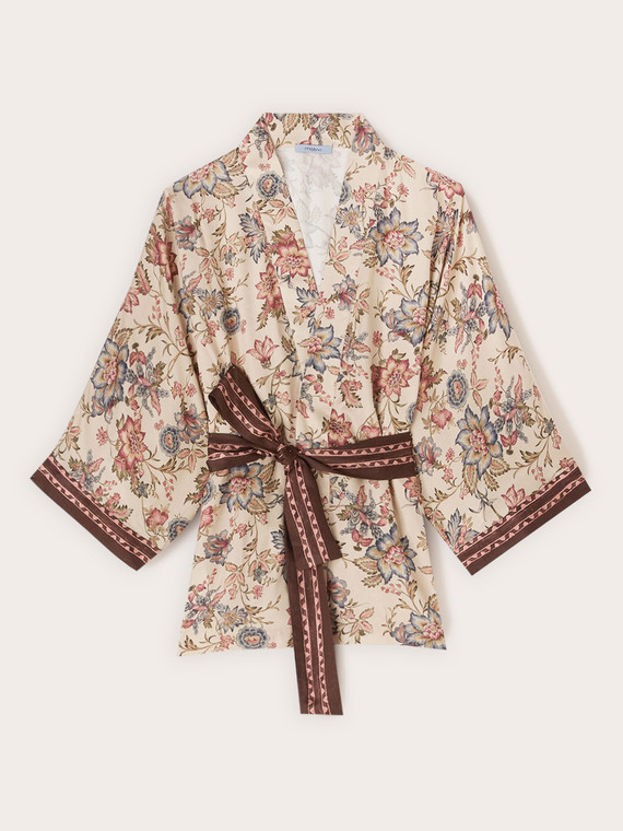 Kimono shirt in printed satin