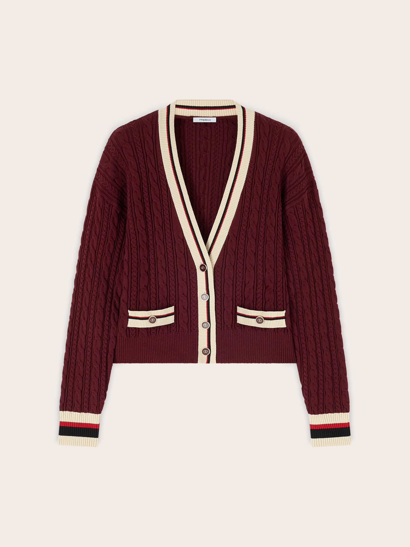 Short cable knit cardigan with striped trims image number 4