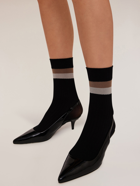 Motivi Calze corte velate con bordo a righe Donna, Nero, Taglia 02