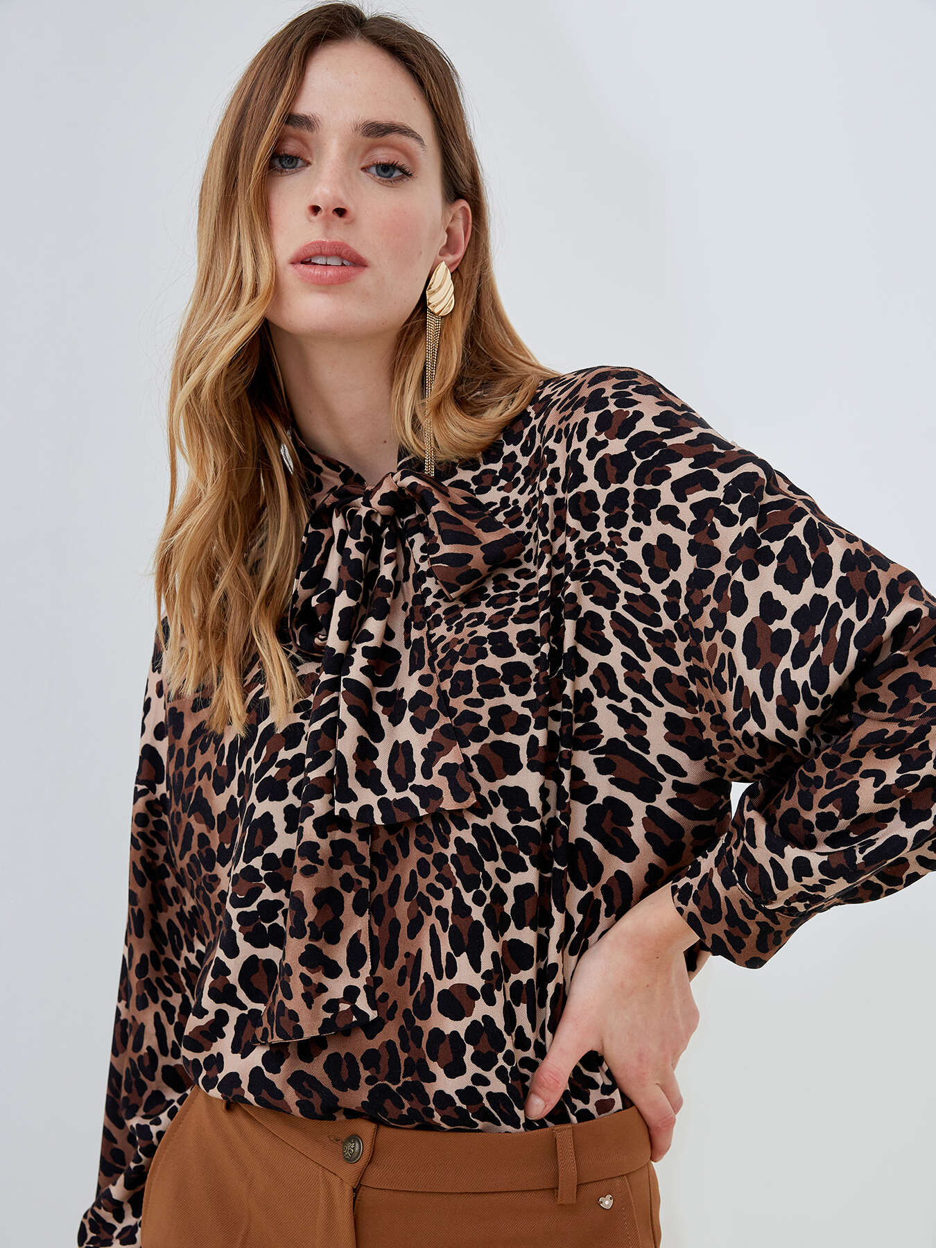 Animal print blouse with neck tie image number 0