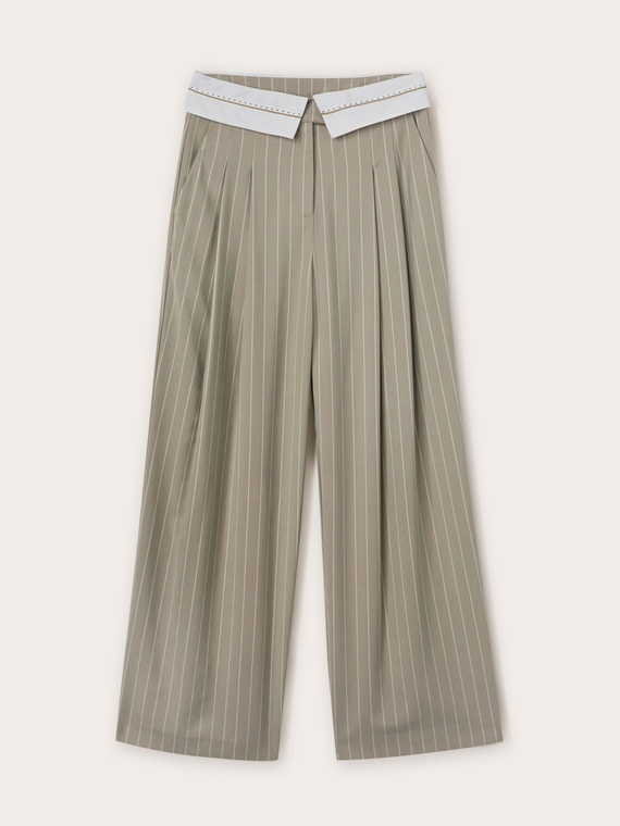 Wide pinstripe trousers with belt feature