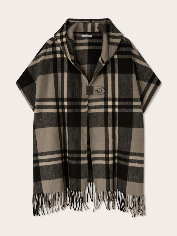 Poncho &agrave; carreaux avec franges et col ch&acirc;le