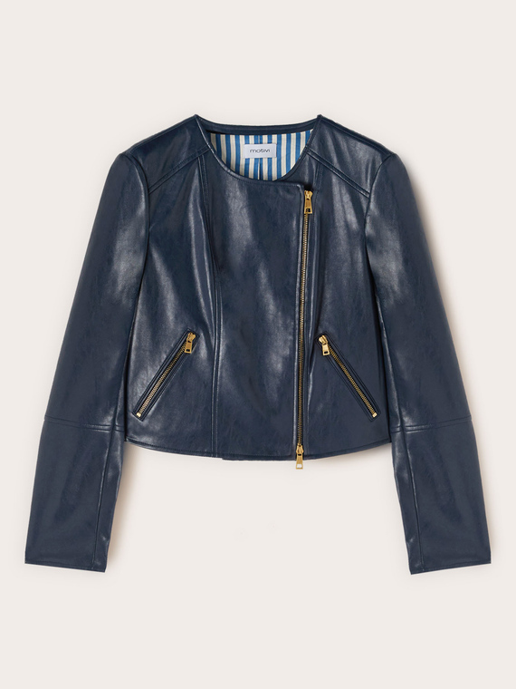Biker jacket with asymmetric zip and striped lining
