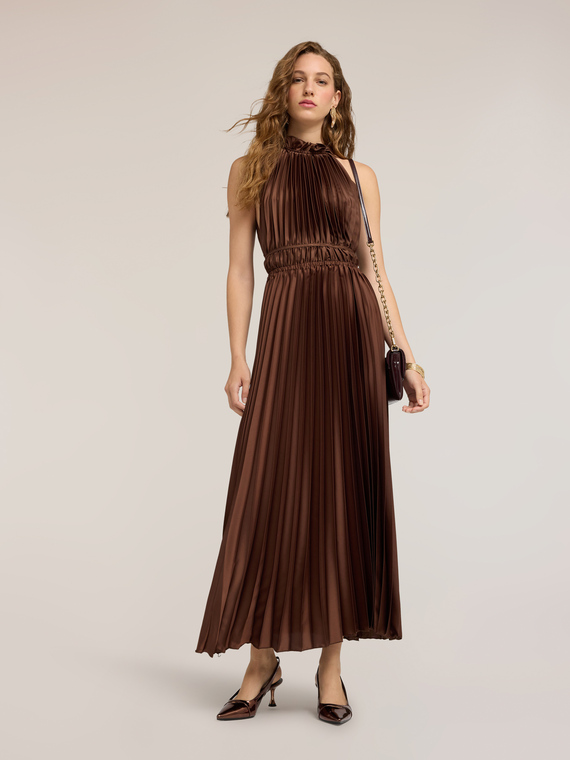 Long pleated satin dress with back drop