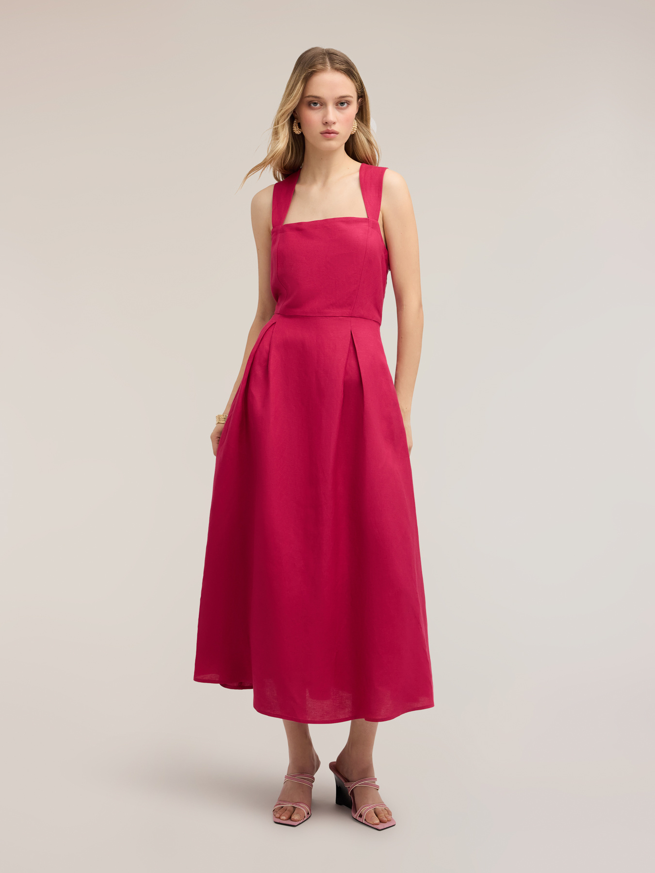 Square neck dress in linen blend image number 2