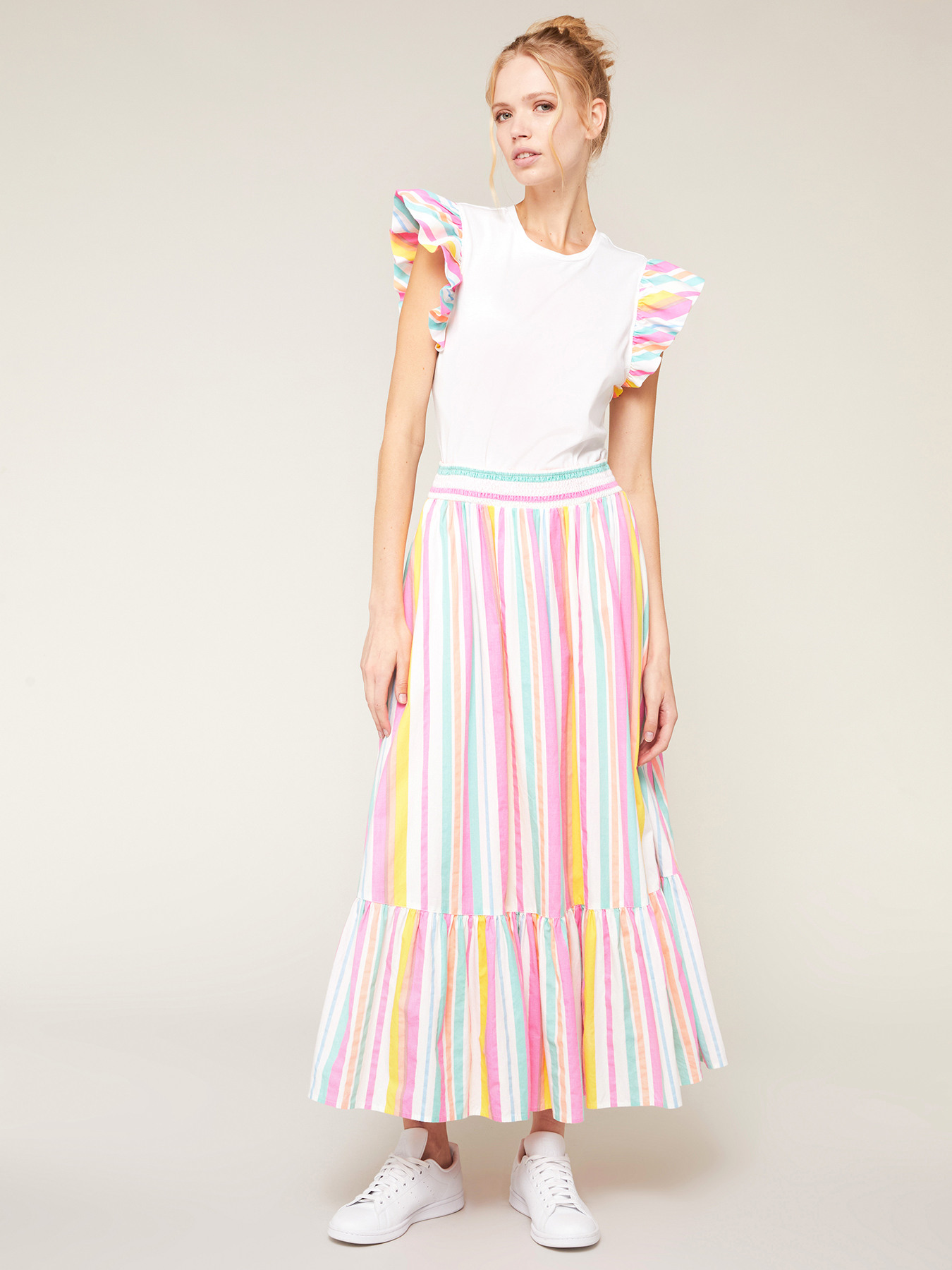 T-shirt with striped patterned flounce sleeves image number 0