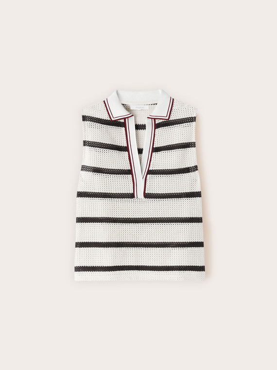 Striped ajour&eacute; knit top with polo collar
