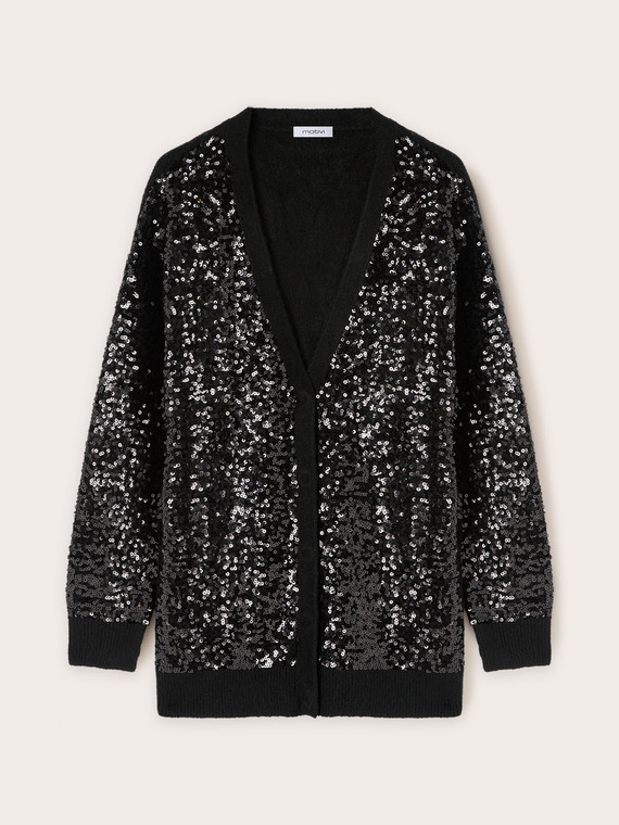 Cardigan en tricot de laine mélangée entièrement recouvert de paillettes