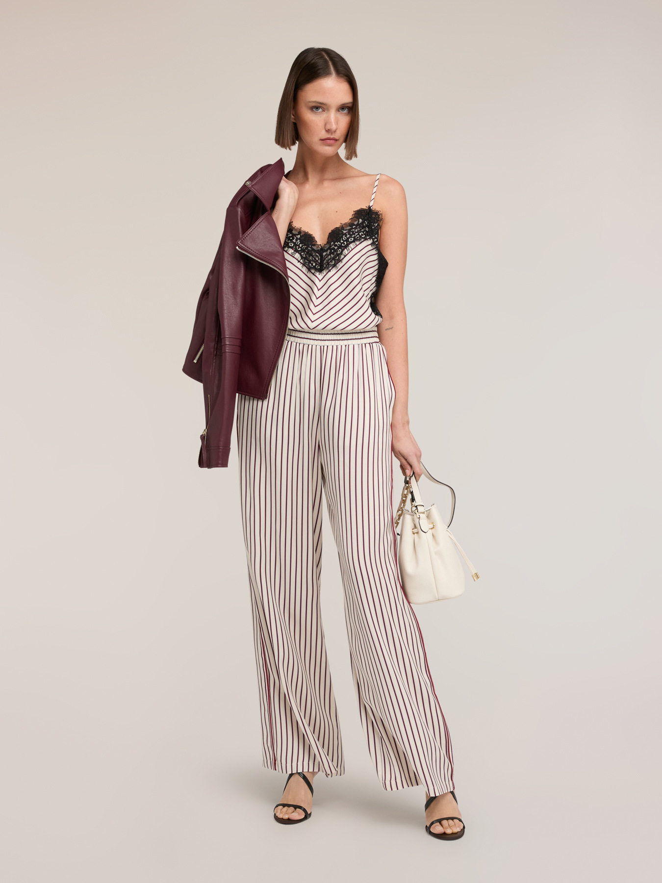 Striped viscose top with lace image number 0