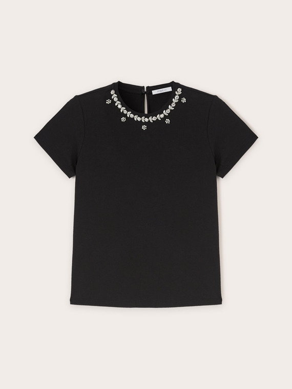 T-shirt with stone-embroidered neckline