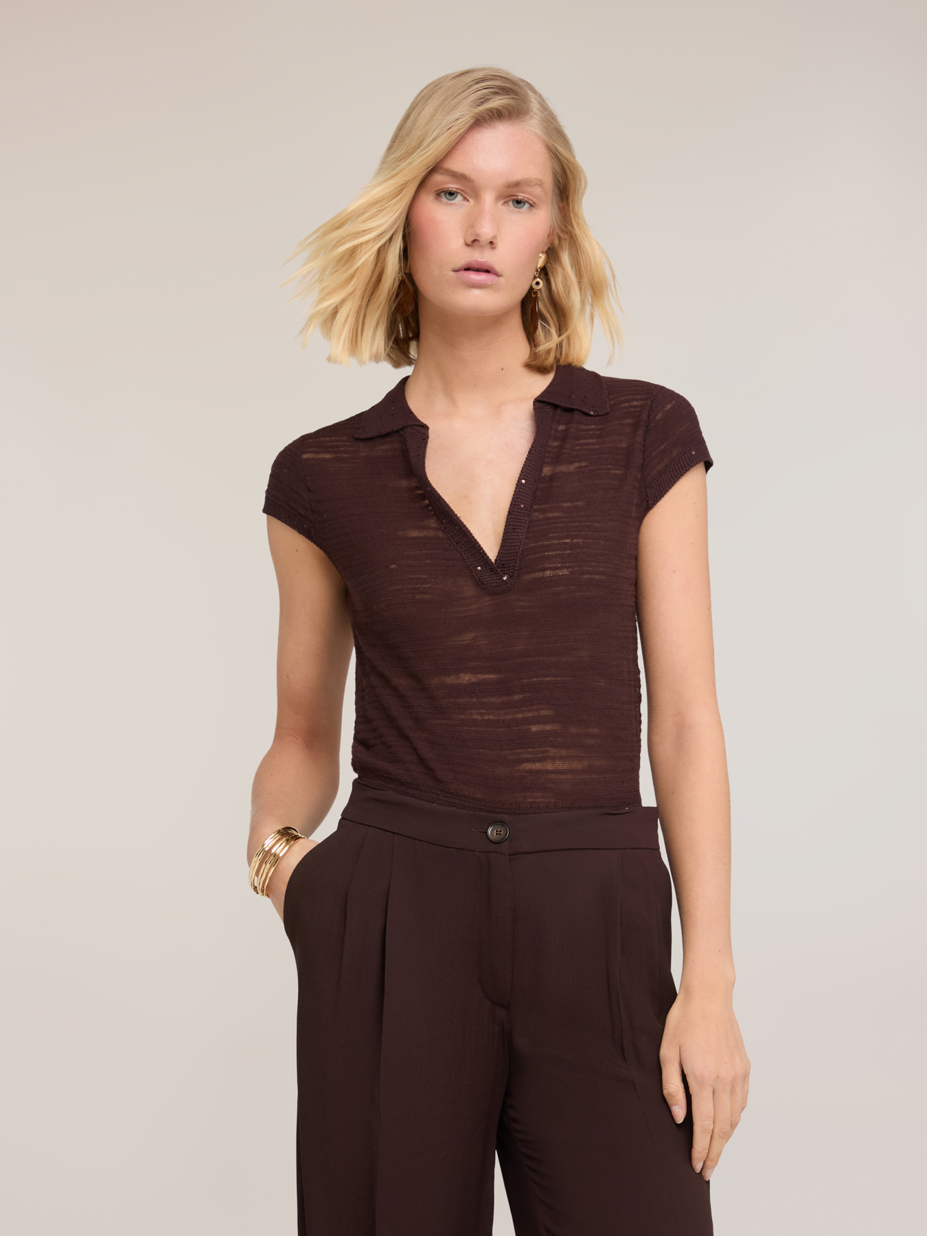 Knit polo with sequin trim image number 0