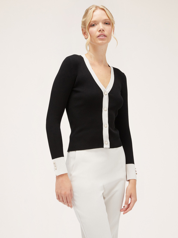 Motivi Cardigan bicolor a coste Donna, Nero, Taglia M