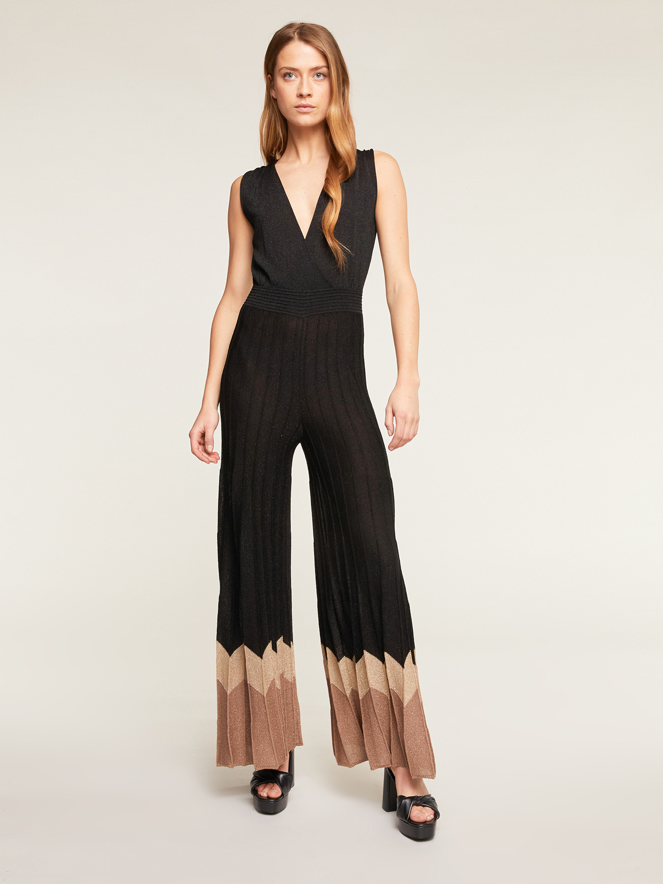 Long knit jumpsuit with chevron pattern image number 0