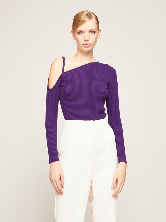 Ribbed sweater with asymmetrical neckline
