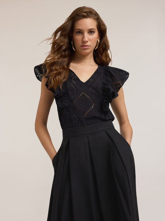 Motivi Blusa in sangallo con volant Donna, Nero, Taglia 36