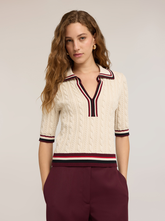 Cable knit viscose sweater with polo collar
