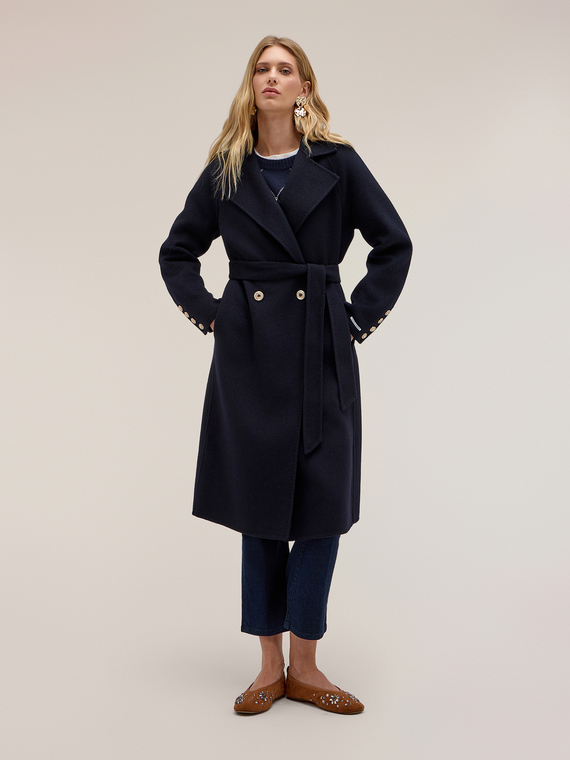 Double-breasted wool blend coat with belt