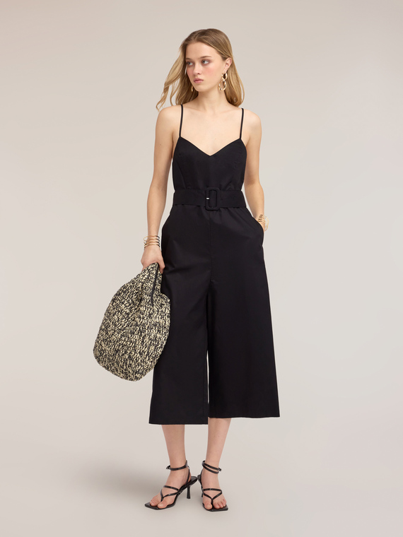 Poplin jumpsuit with belt and palazzo leg