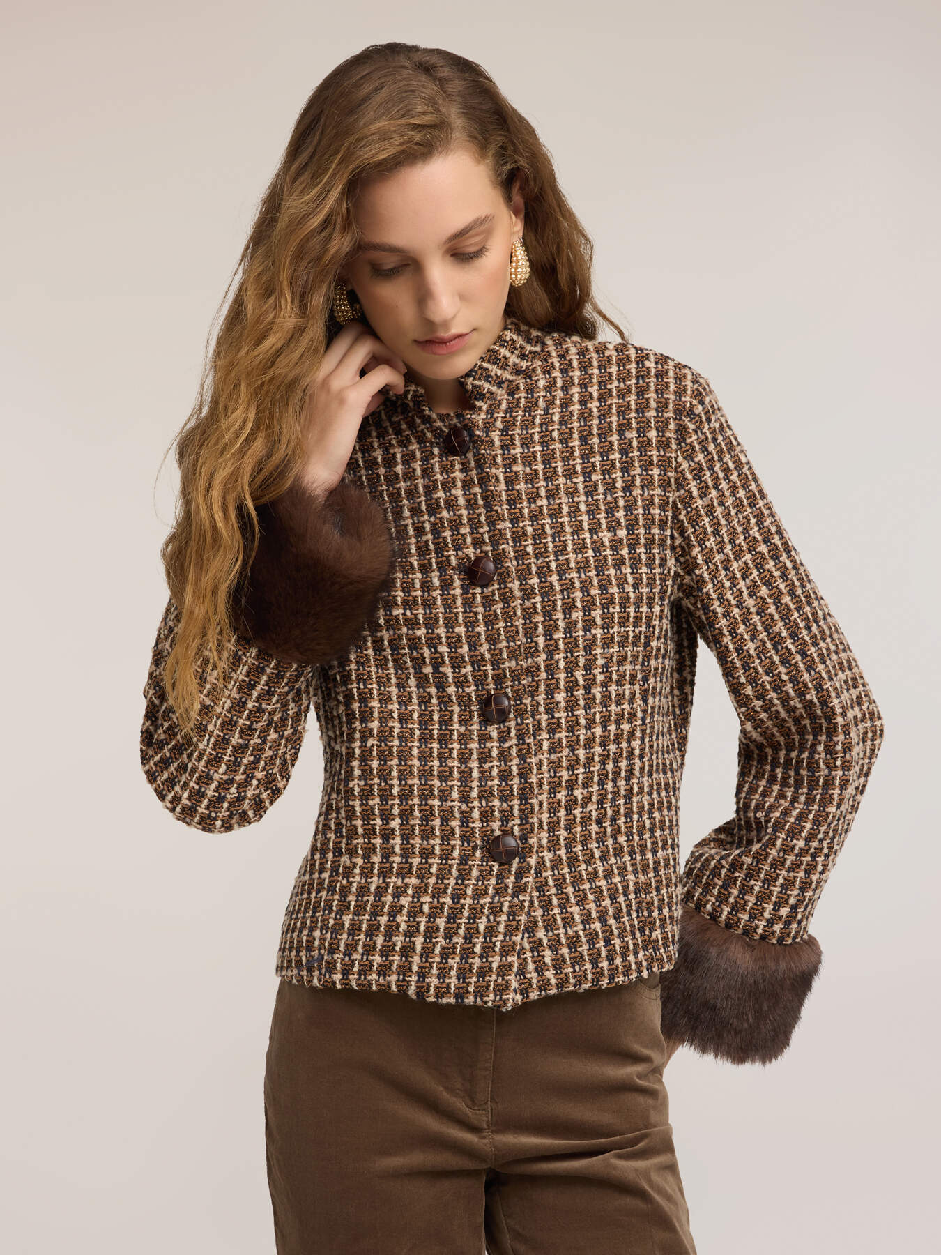 Short jacket with check pattern in wool blend image number 0