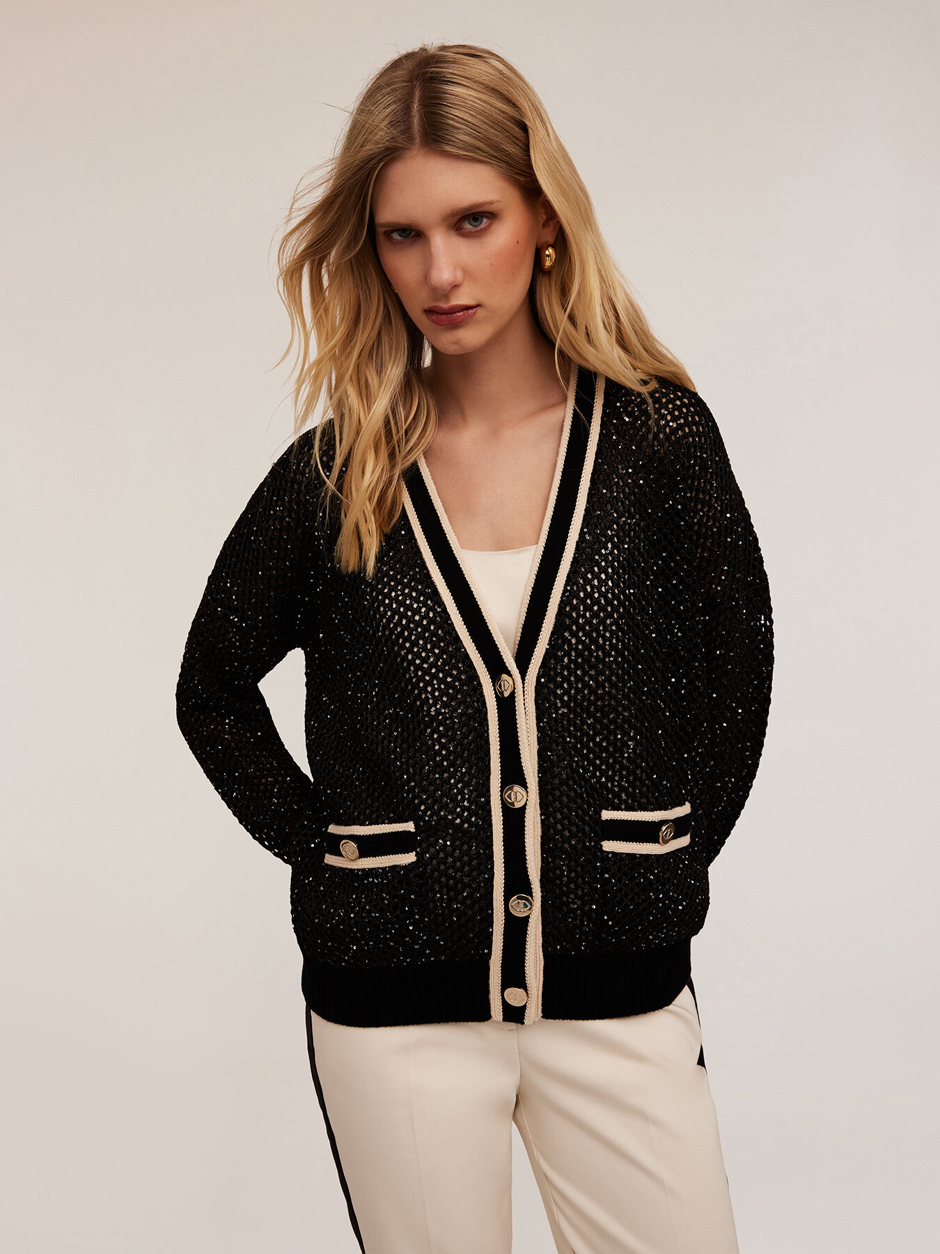 Openwork knit cardigan with micro sequins image number 2