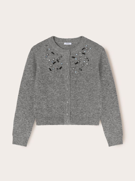 Mixed wool knit cardigan with stone embroidery