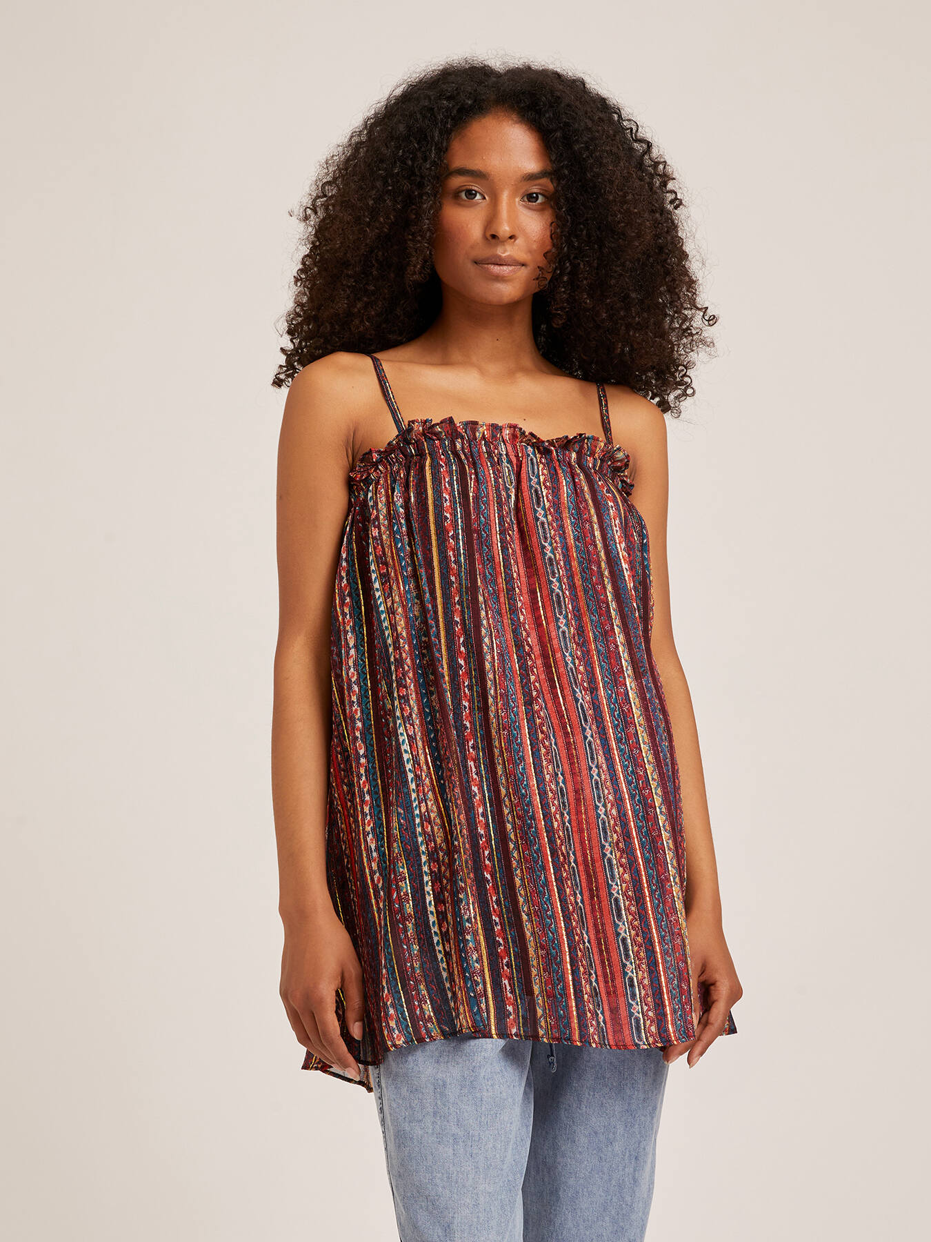 Oversized lurex striped top with ethnic pattern image number 0