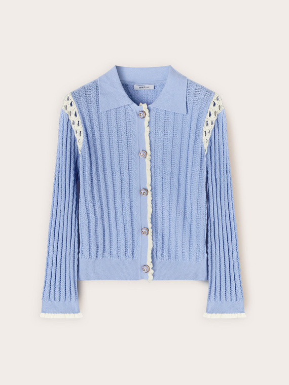 Fine knit cardigan with openwork inserts