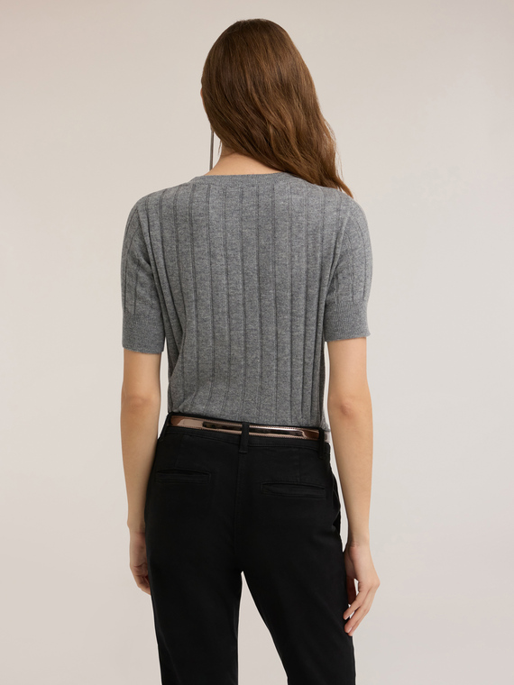 Ribbed sweater with rhinestone stripes