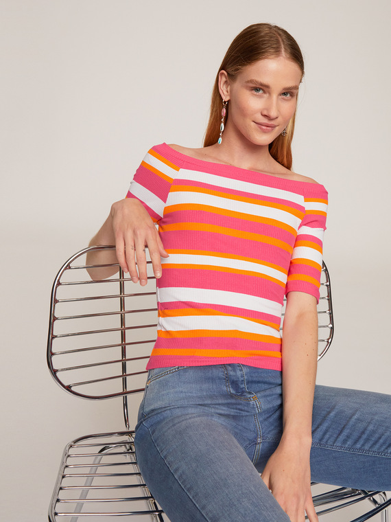Motivi T-shirt scollo a barca in jersey a coste a righe Donna
