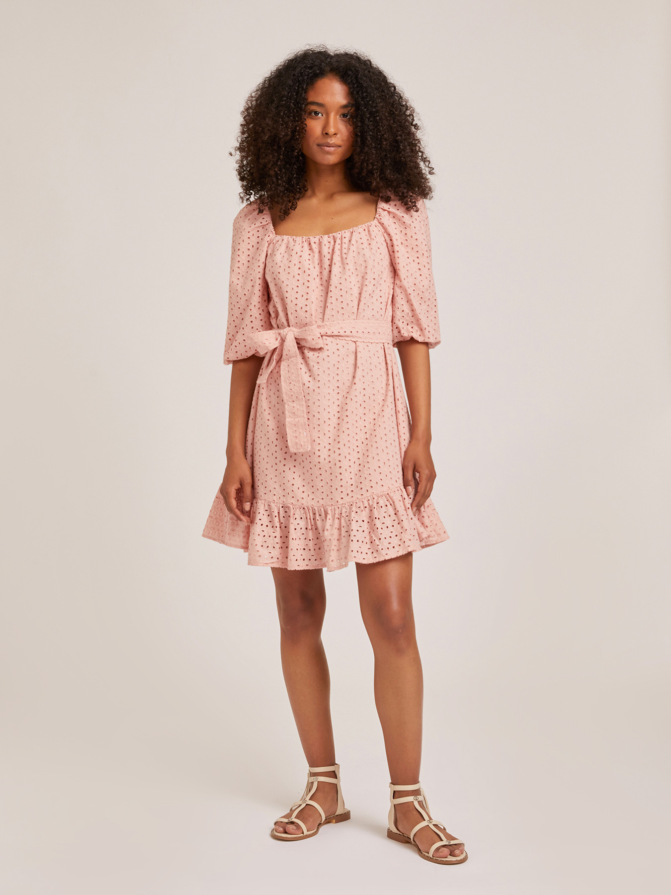 short broderie anglaise dress Short broderie anglaise dress with ribbon shoulder straps Woman, White