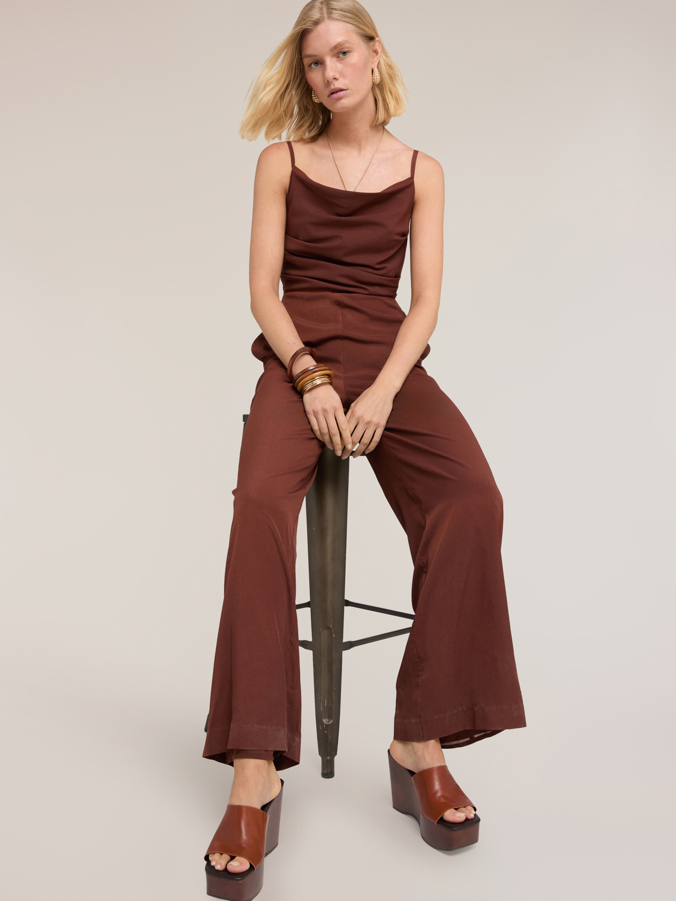 Long draped cr&ecirc;pe de chine jumpsuit image number 0
